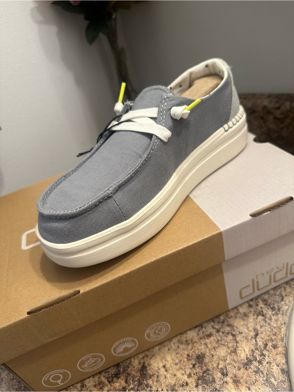 Hey Dude Gray Canvas Platform Loafers with White Trim and Neon Accents